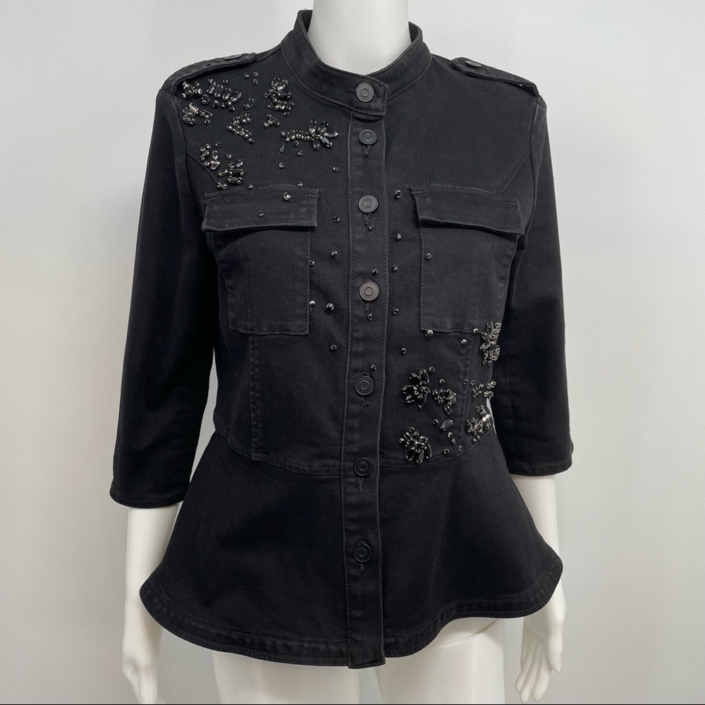 Scripted Womens Sz M Black Jeweled Denim Jacket Peplum Bottom.Embellished is IN!